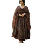 KLOSIA Women Printed Flared A-Line Kurta with Pant and Dupatta Suit Set | Kurta Set | Wedding Suit (Small) Brown