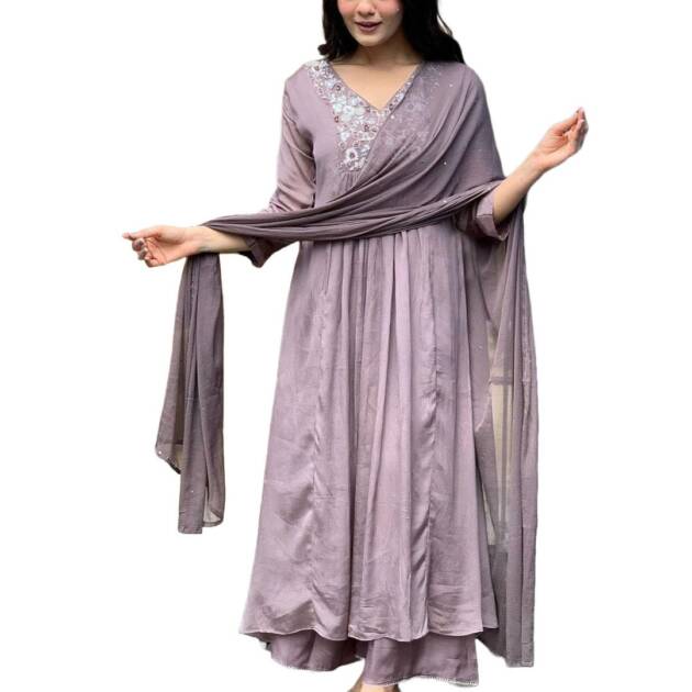 ANNI DESIGNER Women's Rayon Blend A-Line Embroidered Kurta with Pant & Dupatta (SHARMI Lavender_XXL_Lavender_XX-Large)