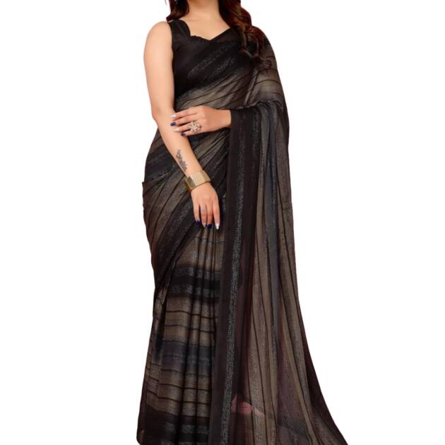 Pandadi Saree Women Elegant Moss Chiffon Ready-To-Wear Saree With Bangalori Satin Blouse, black