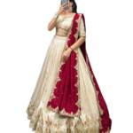 Women Art Silk Semi-Stitched Zivri Trends Embroidery Lehenga Choli With Dupatta | Bridal Stylish Wedding Lehenga Choli, Cream Free Size