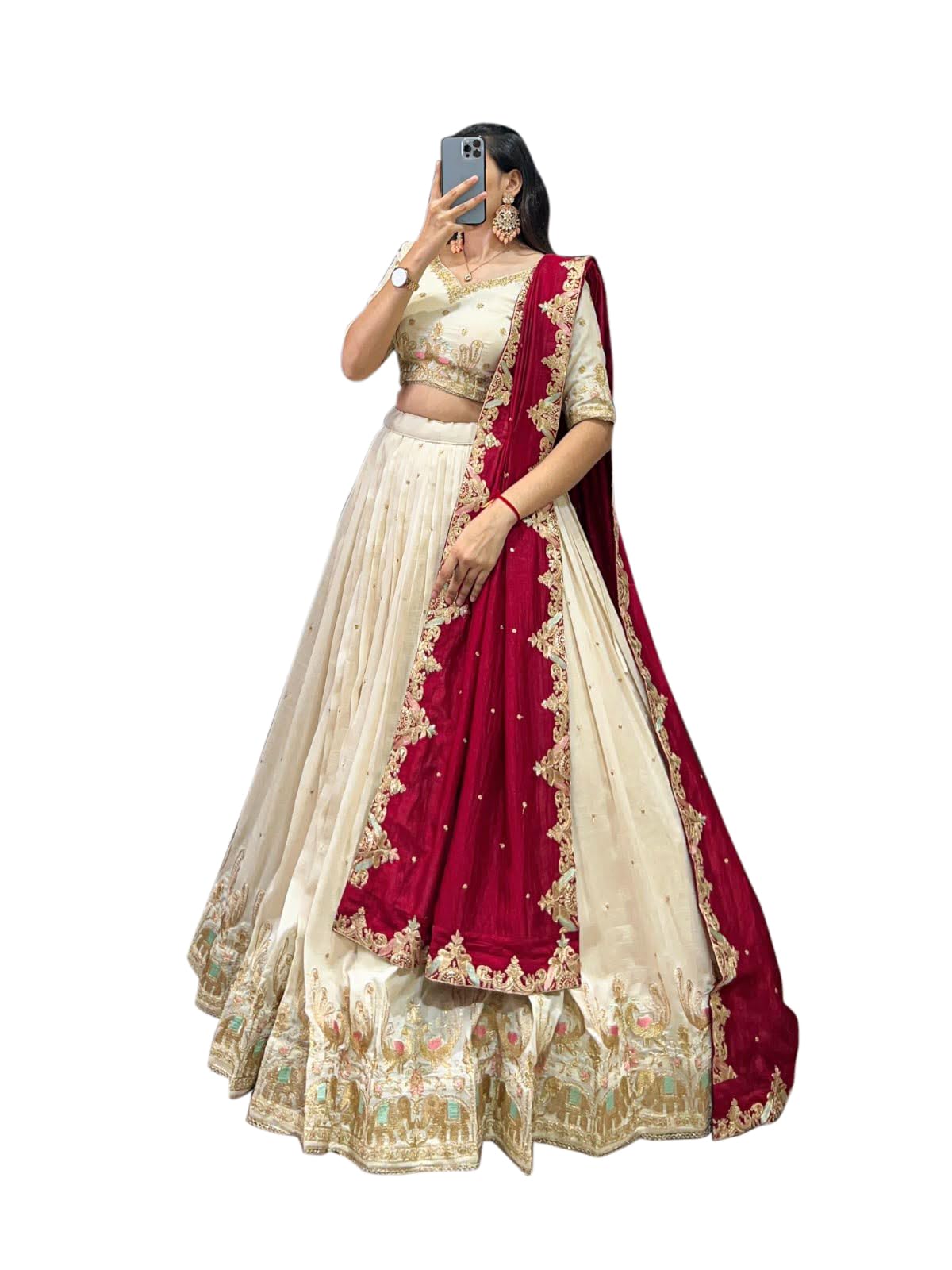 Women Art Silk Semi-Stitched Zivri Trends Embroidery Lehenga Choli With Dupatta | Bridal Stylish Wedding Lehenga Choli, Cream Free Size