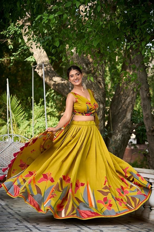 Women's Collection Dolla Silk Lehenga Choli Print with Foil Work With Unstitched Blouse (YELLOW) - Image 4