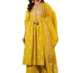 Amayra Women's Pure Cotton Printed Straight Kurta Set with Palazzo Pants & Dupatta- Ethnic Wear, Yellow(TCK602-New,XL)