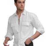 IndoPrimo Men's Regular Fit Fancy Double Pocket Casual Shirt for Men Full Sleeves - Cargo (in, Alpha, L, Regular, White)
