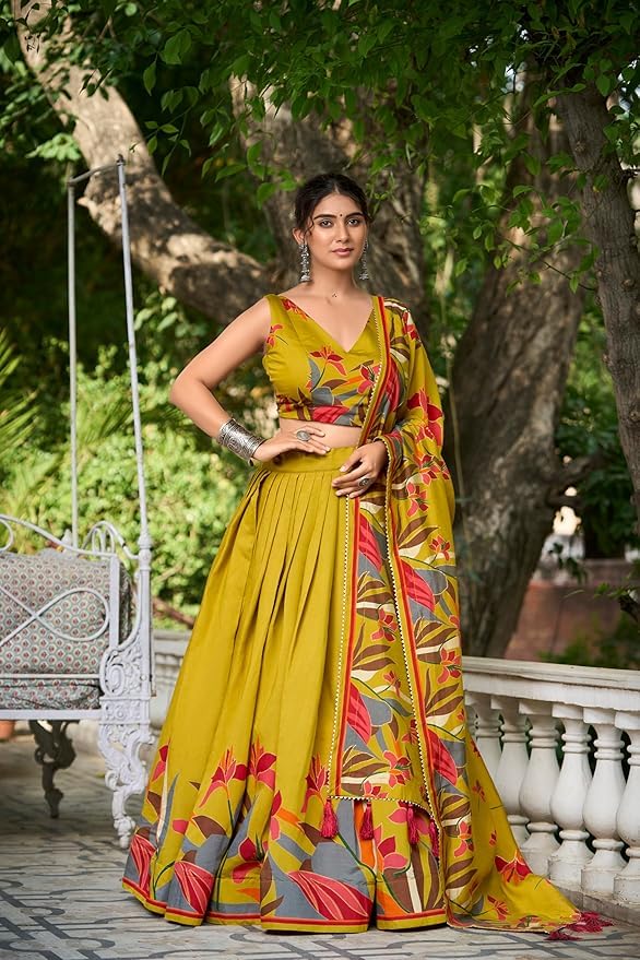 Women's Collection Dolla Silk Lehenga Choli Print with Foil Work With Unstitched Blouse (YELLOW) - Image 5