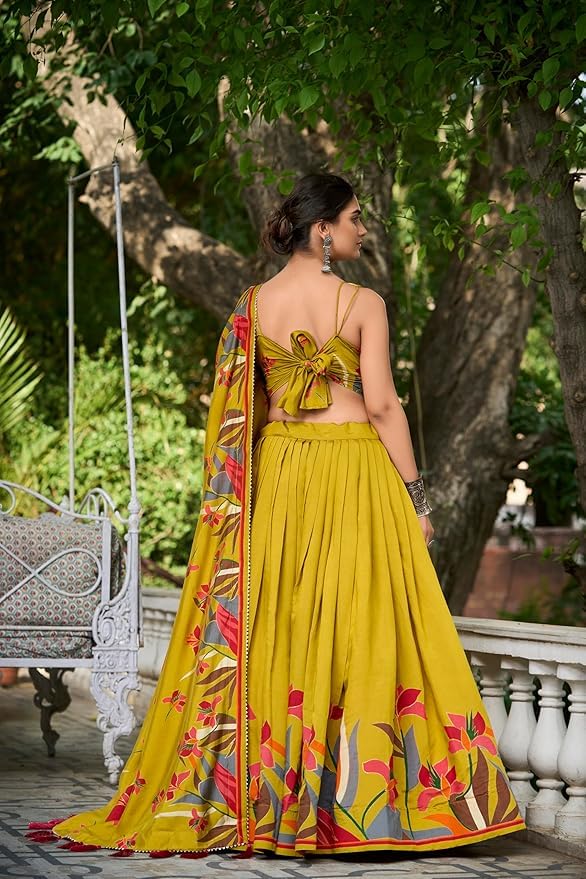 Women's Collection Dolla Silk Lehenga Choli Print with Foil Work With Unstitched Blouse (YELLOW) - Image 3