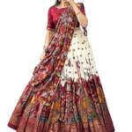 shree crialion Women's Trending Designeer Tussar Silk Lehenga Choli Print with Foil Work With Unstitched Blouse Patola Print Adorned with Foil Work For Navrati || Wedding (1219 OFF WHITE)