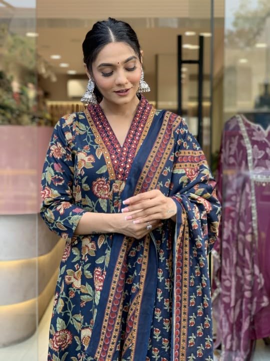 Nermosa Women Printed A-Line Kurta and Pant Set with Dupatta (in, Alpha, S, Blue) - Image 4