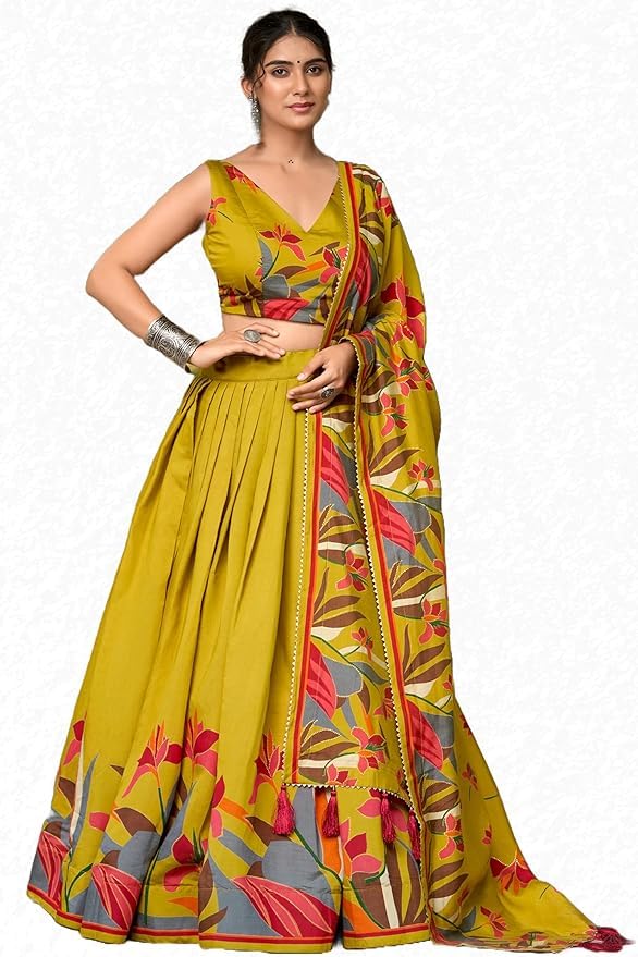 Women's Collection Dolla Silk Lehenga Choli Print with Foil Work With Unstitched Blouse (YELLOW) - Image 7