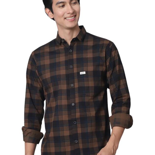 Majestic Man Comfort Cotton Slim Fit Checked Casual Shirt for Men (Brown, Medium)