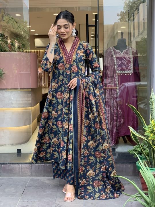 Nermosa Women Printed A-Line Kurta and Pant Set with Dupatta (in, Alpha, S, Blue) - Image 2