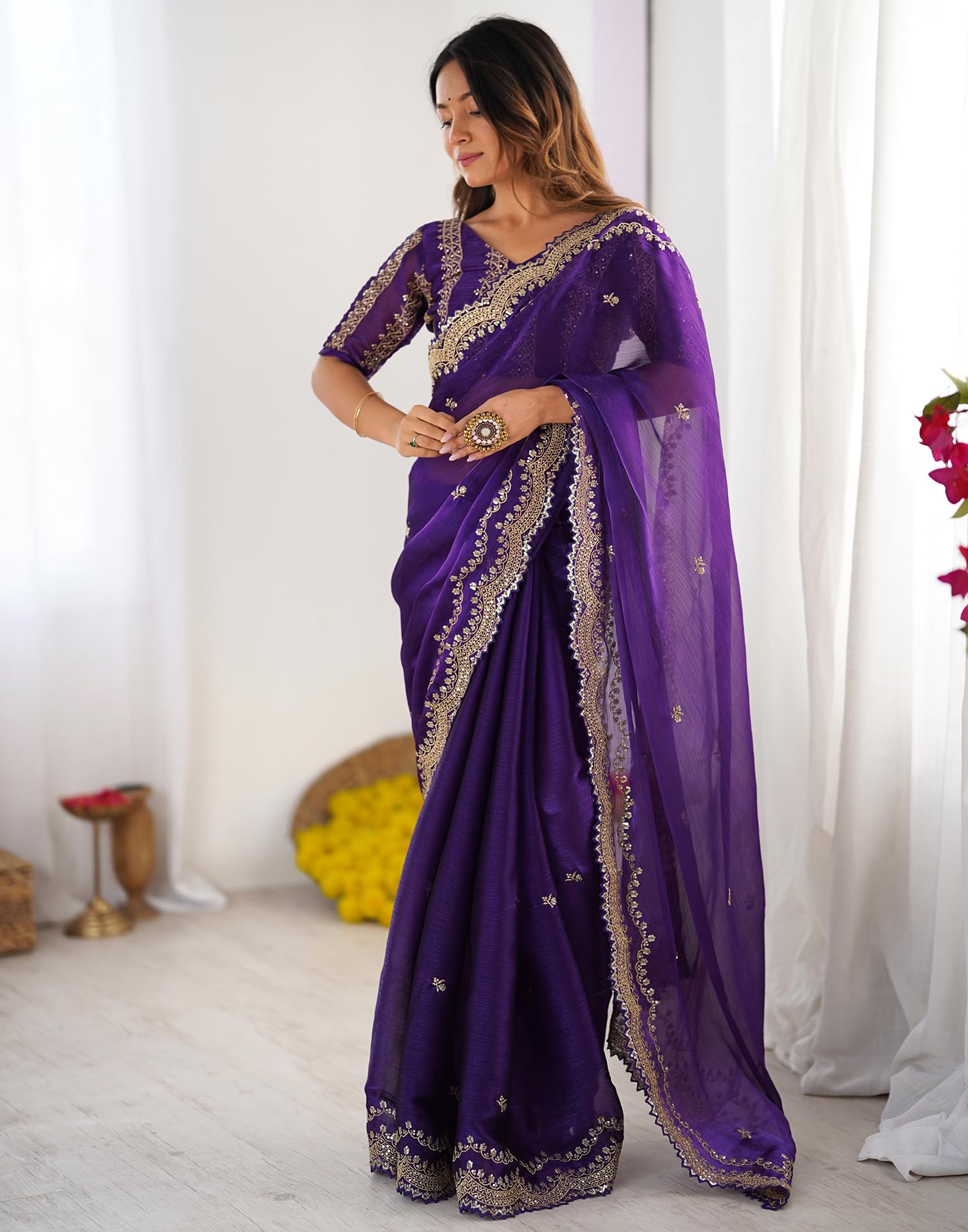 SIRIL Women's Shimmer Chiffon Sequence Embroidery Scalloped Border Saree With Unstitched Blouse Piece (4317S167_Purple) - Image 7