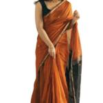 ZECVA Women's Pure Spun Linen Cotton Lichi Silk Saree With Attach Unstitch Blouse Piece (DARK ORANGE BLACK)