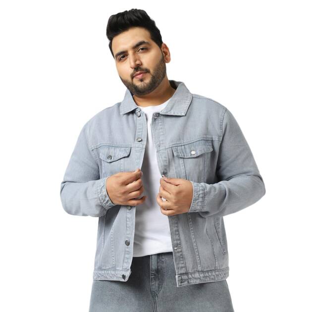 Urbano Plus Men's Light Grey Regular Fit Washed Full Sleeve Denim Jacket (plusjaktp-denimball-lgrey-5xl)