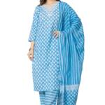 rytras Women's Pure Cotton Printed Straight Kurta Set with Palazzo Pants & Dupatta- Ethnic Wear, Blue(RYT586-New,S)