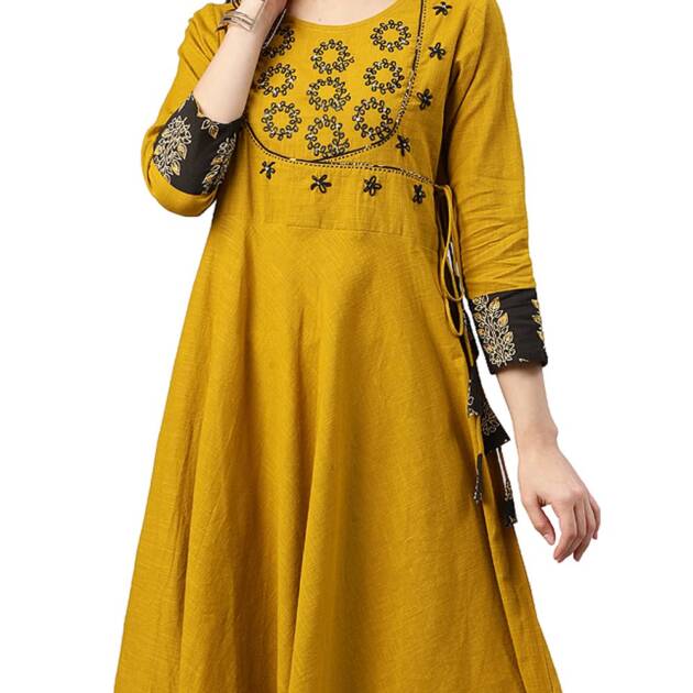 Yash Gallery Women's Mustard Cotton Slub Sequin Angrakha Regular Fit Kurta Perfect Festival Gift