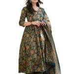 KLOSIA Women Printed Anarkali Kurta and Pant Set with Dupatta (in, Alpha, XL, Green)