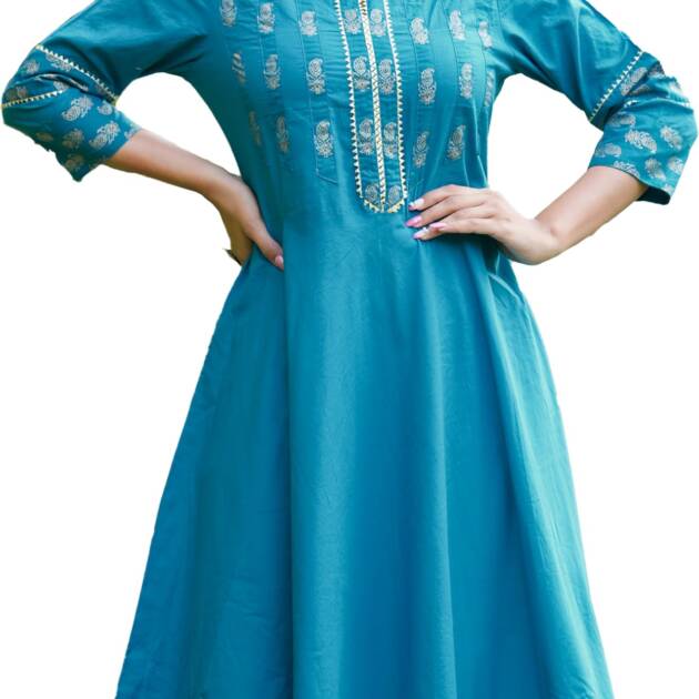 Yash Gallery Women's Cotton Floral Printed Anarkali Kurta for Women (Large, Teal)