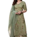 FAADDICTION Women's Rayon Floral Kurta Set With Palazzo Pant And Dupatta-Green-M, Medium