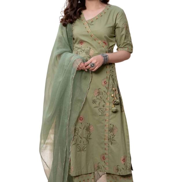 FAADDICTION Women's Rayon Floral Kurta Set With Palazzo Pant And Dupatta-Green-M, Medium