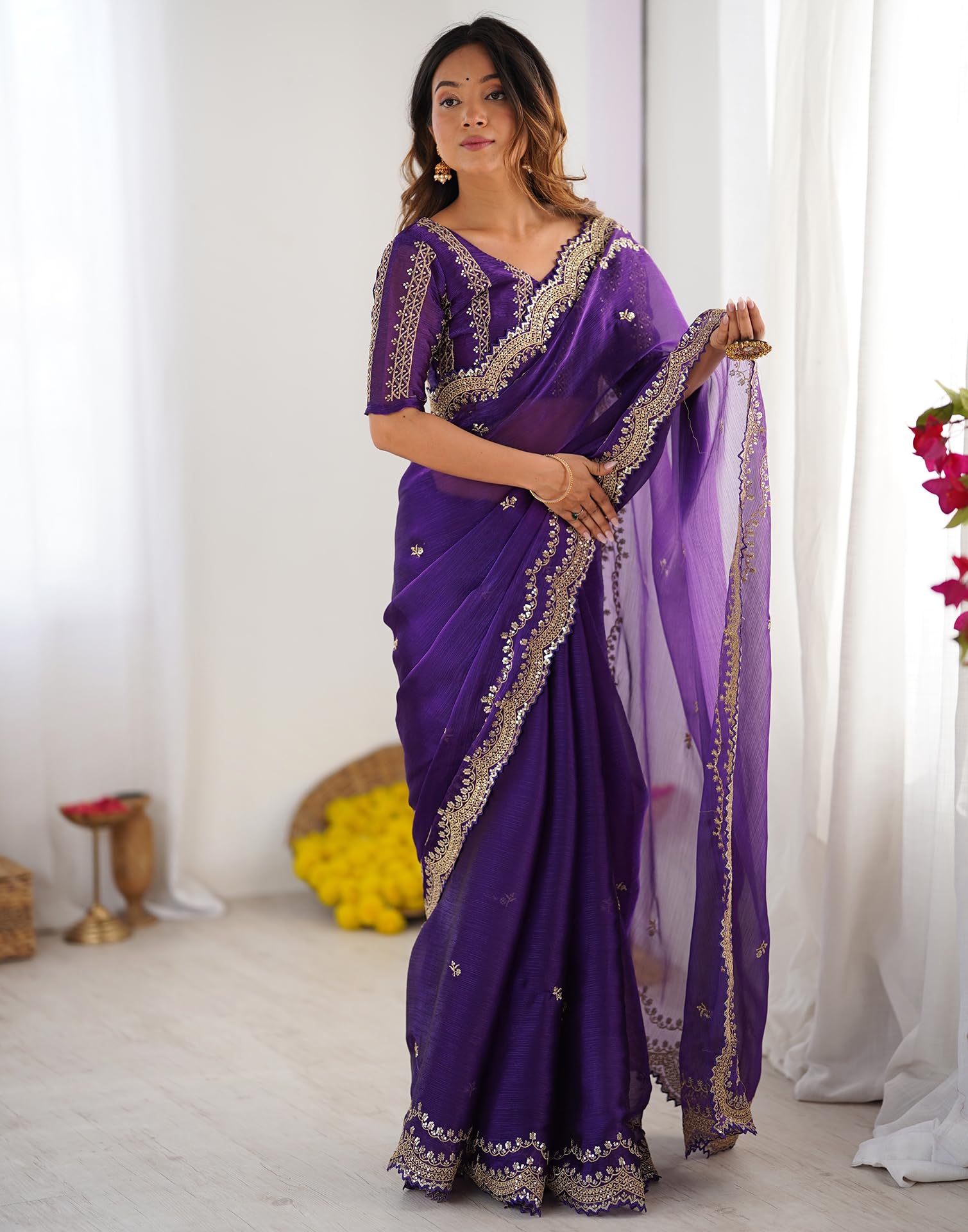 SIRIL Women's Shimmer Chiffon Sequence Embroidery Scalloped Border Saree With Unstitched Blouse Piece (4317S167_Purple) - Image 3