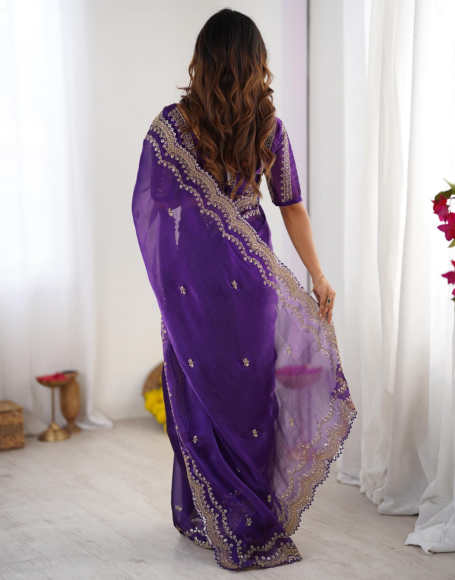 SIRIL Women's Shimmer Chiffon Sequence Embroidery Scalloped Border Saree With Unstitched Blouse Piece (4317S167_Purple) - Image 5