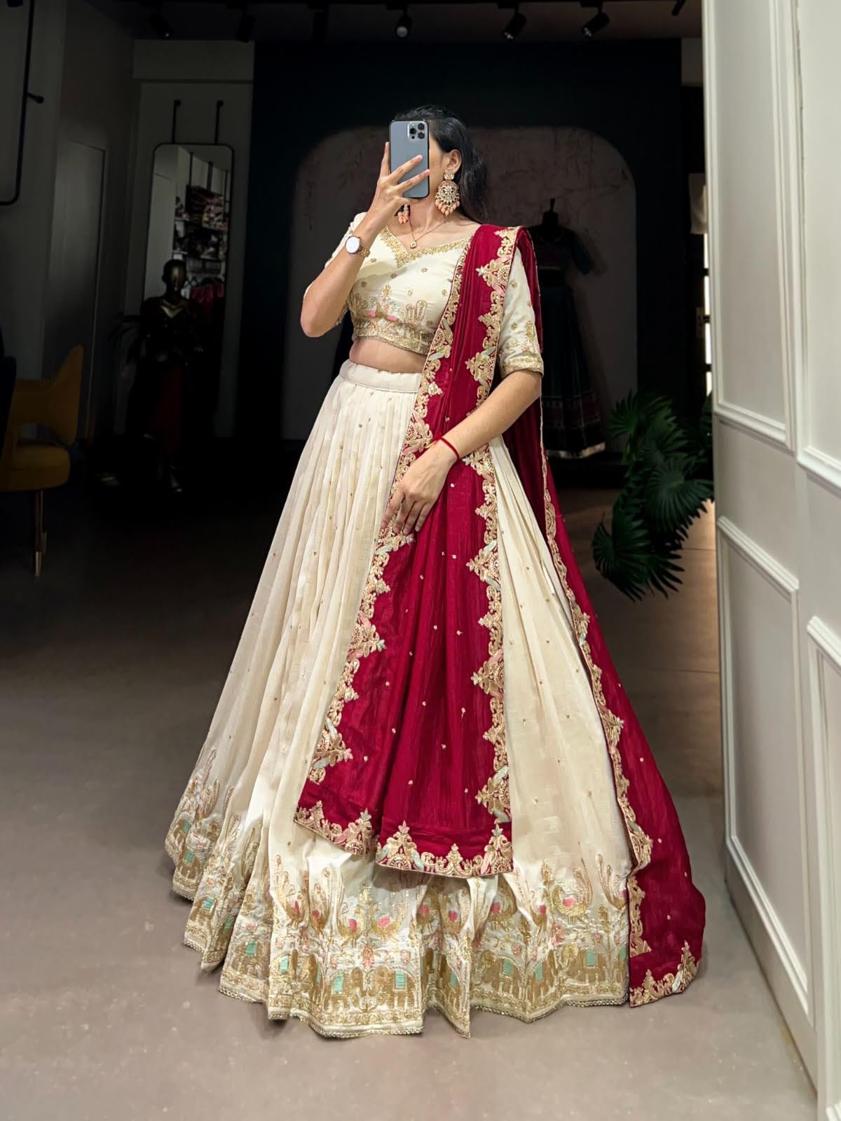 Women Art Silk Semi-Stitched Zivri Trends Embroidery Lehenga Choli With Dupatta | Bridal Stylish Wedding Lehenga Choli, Cream Free Size - Image 5