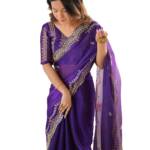 SIRIL Women's Shimmer Chiffon Sequence Embroidery Scalloped Border Saree With Unstitched Blouse Piece (4317S167_Purple)
