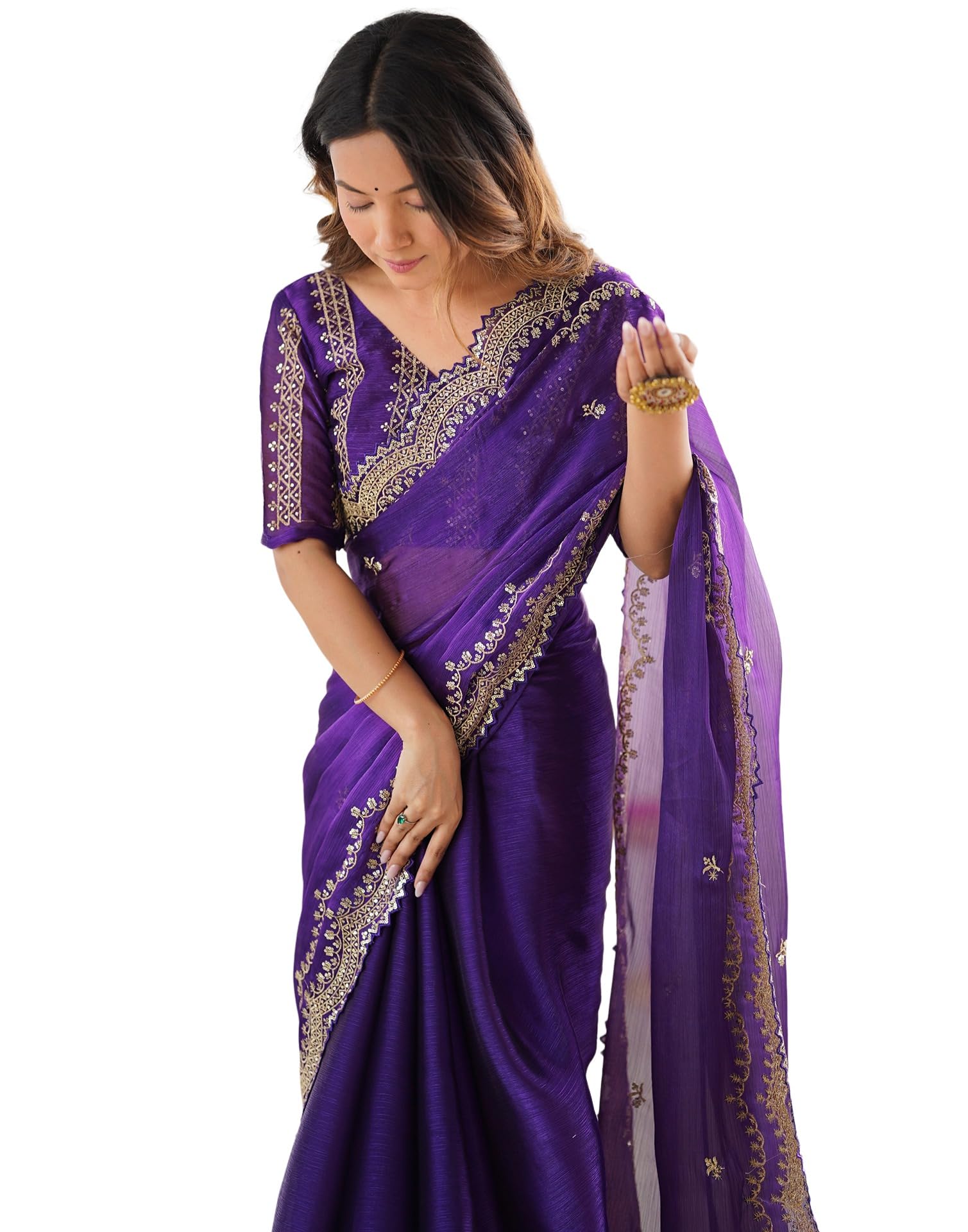SIRIL Women's Shimmer Chiffon Sequence Embroidery Scalloped Border Saree With Unstitched Blouse Piece (4317S167_Purple)