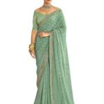SIRIL Women's Georgette Bandhani Printed and Lace Saree with Unstitched Blouse Piece (2302S131_Mint Green)