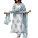 Nermosa Block Printed Kurta set for Women with Dupatta (IN, Alpha, 2XL, White)