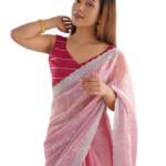 SIRIL Women's Shimmer Chiffon Sequence Embroidery Saree With Unstitched Blouse Piece for Wedding and Parties (4136S157_Pastel Pink)