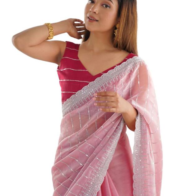 SIRIL Women's Shimmer Chiffon Sequence Embroidery Saree With Unstitched Blouse Piece for Wedding and Parties (4136S157_Pastel Pink)