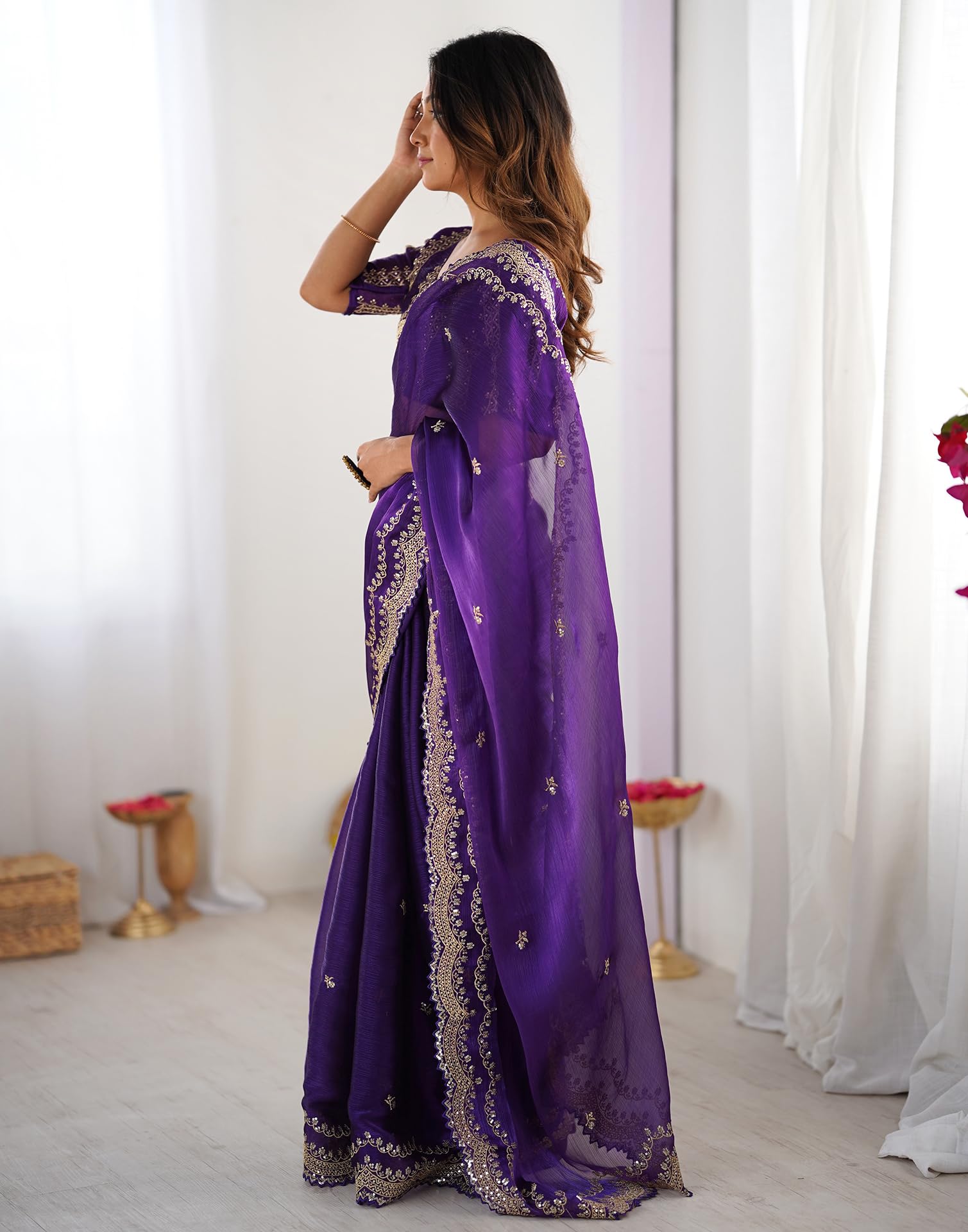SIRIL Women's Shimmer Chiffon Sequence Embroidery Scalloped Border Saree With Unstitched Blouse Piece (4317S167_Purple) - Image 9