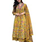 GoSriKi Women's Rayon Blend Anarkali Printed Kurta with Pant & Dupatta & Dupatta (CIA Yellow-GS_L_Yellow_Large)