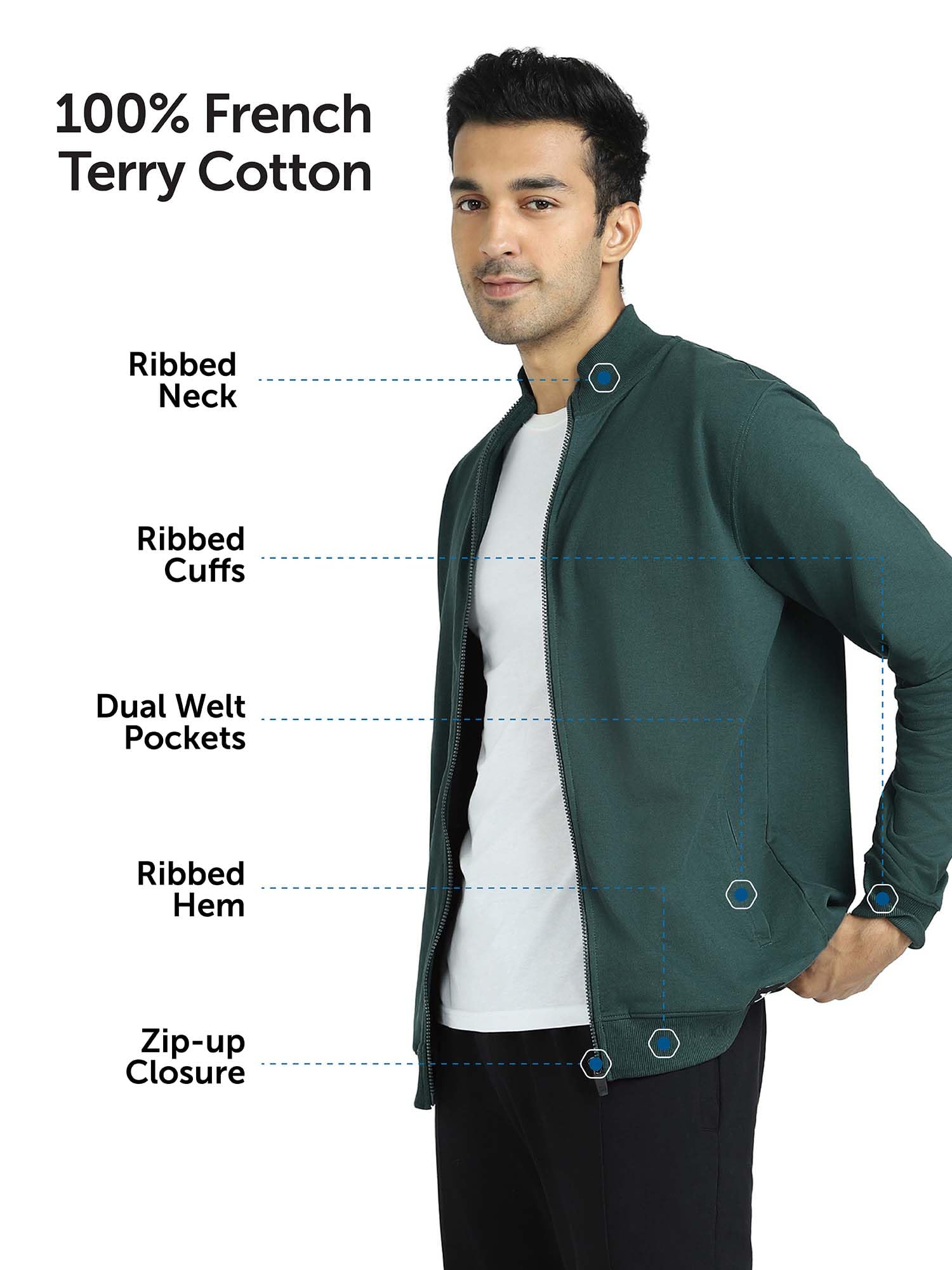 XYXX Cruze French Terry Cotton Zip-Up Jacket (S; Forest Green) - Image 5