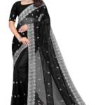 SHREE LAHERI Women's Embroidery Work Net Fabric Saree For Women With Unstitched Blouse Piece (Black)