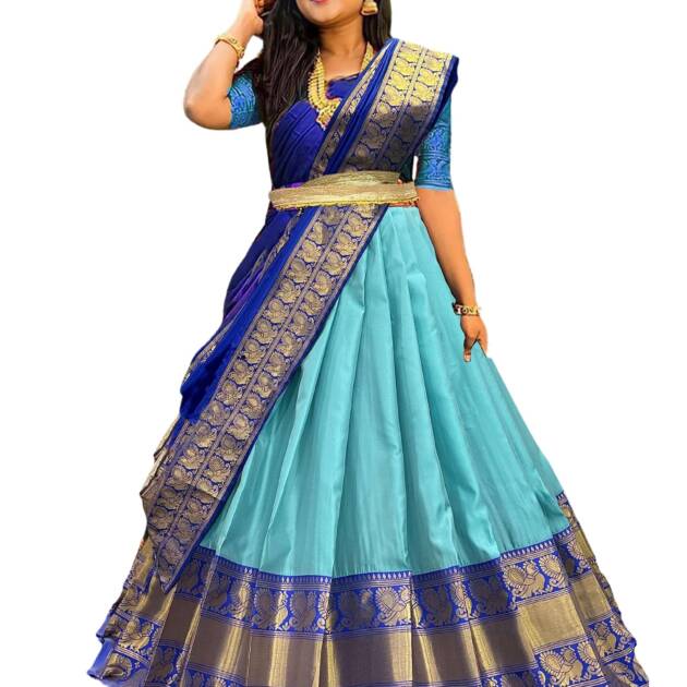 Fabcartz Women's South Indian Traditional Unstitched Pattu Silk Lehenga Choli Set(Sea Green)