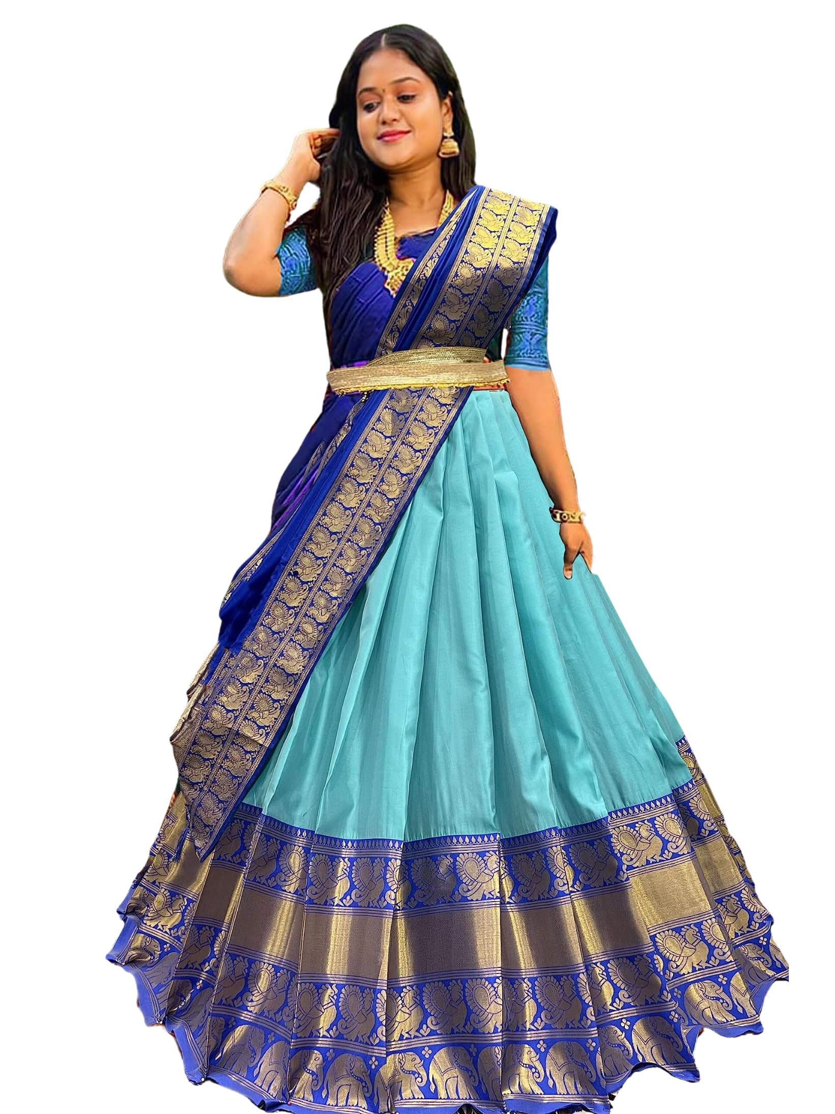 Fabcartz Women's South Indian Traditional Unstitched Pattu Silk Lehenga Choli Set(Sea Green)