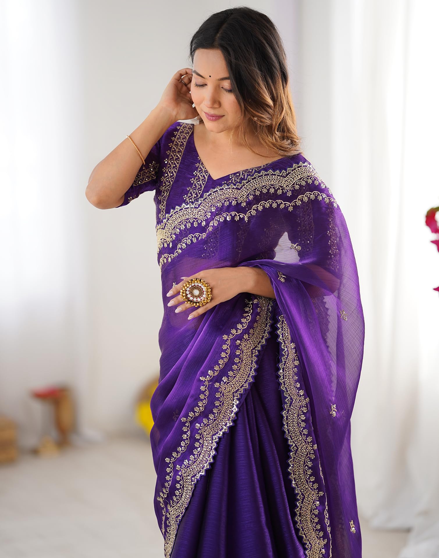 SIRIL Women's Shimmer Chiffon Sequence Embroidery Scalloped Border Saree With Unstitched Blouse Piece (4317S167_Purple) - Image 4
