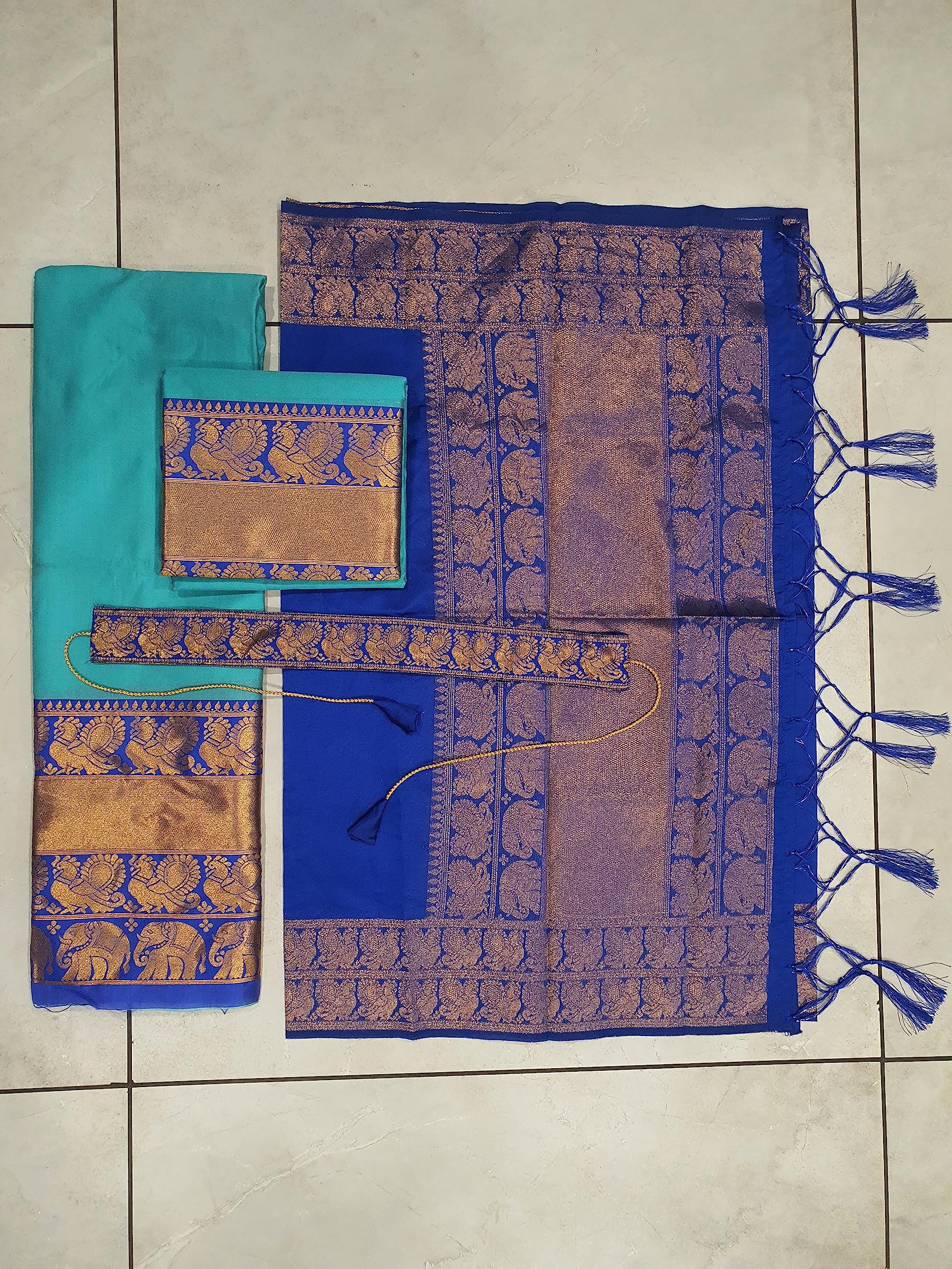 Fabcartz Women's South Indian Traditional Unstitched Pattu Silk Lehenga Choli Set(Sea Green) - Image 4