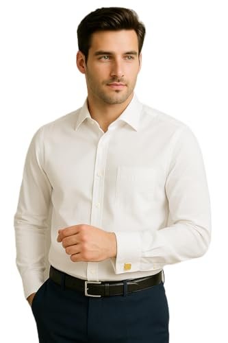 Men’s White Solid Oxford Cotton Shirt | French Cuff Formal Shirt for Cufflinks | Slim Fit Office (in, Numeric, 46, White)