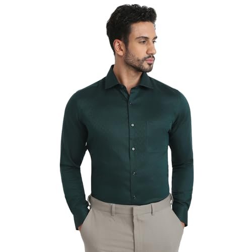 Raymond Men Contemporary Fit Structure Pattern Pure Cotton Semicutaway Collar Full Sleeve Formal Shirt (Size: 39)-RMSV13469-N7 Dark Green