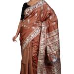 Bengal Looms India - Handwoven Minakari Baluchari Pure Silk Saree in Old Brick, Beige and Dark Blue