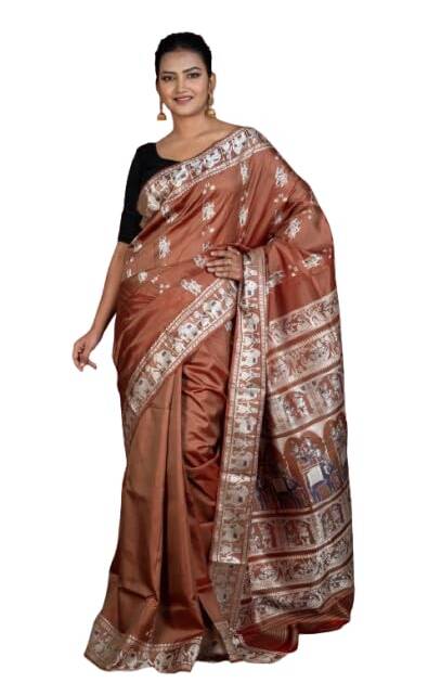 Bengal Looms India - Handwoven Minakari Baluchari Pure Silk Saree in Old Brick, Beige and Dark Blue