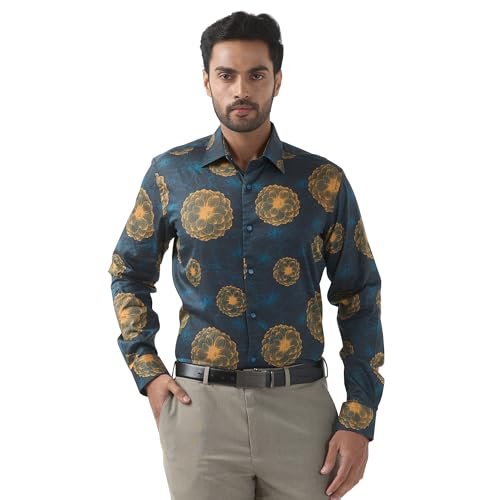 Raymond Men Regular Fit Print Pattern Pure Cotton Semi Cutaway Collar Full Sleeve Formal Shirt (Size: 44) RPSX09103-P7 Dark Petrol