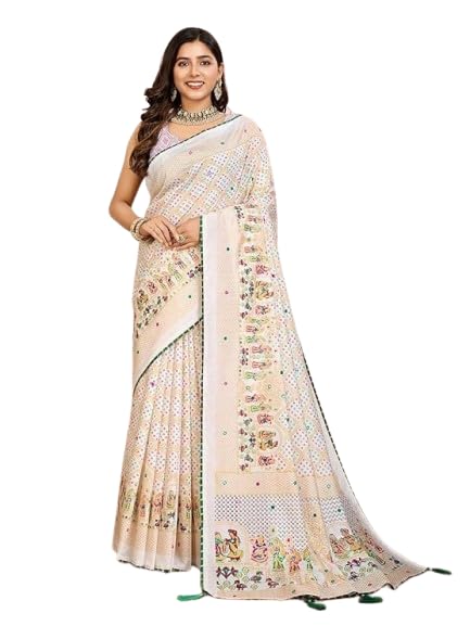 HARBAR Atrangi Banarasi Cotton Silk Saree for Women–Indian Traditional Pure Zari Work Saree with Unstitch Blouse|Maslin Cotton Saree with Digital Print, Handwork Touch-Up & Contrast Blouse(5.5m+0.8m)