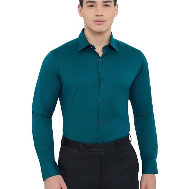 Raymond Men Slim Fit Solid Pattern Cotton Blend Semicutaway Collar Full Sleeve Formal Shirt (Size: 39)-RPSY09125-N7 Green