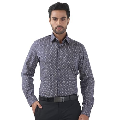 Raymond Men Slim Fit Print Pattern Cotton Blend Semi Cutaway Collar Full Sleeve Formal Shirt (Size: 44) RMSU13081-B6 Dark Blue