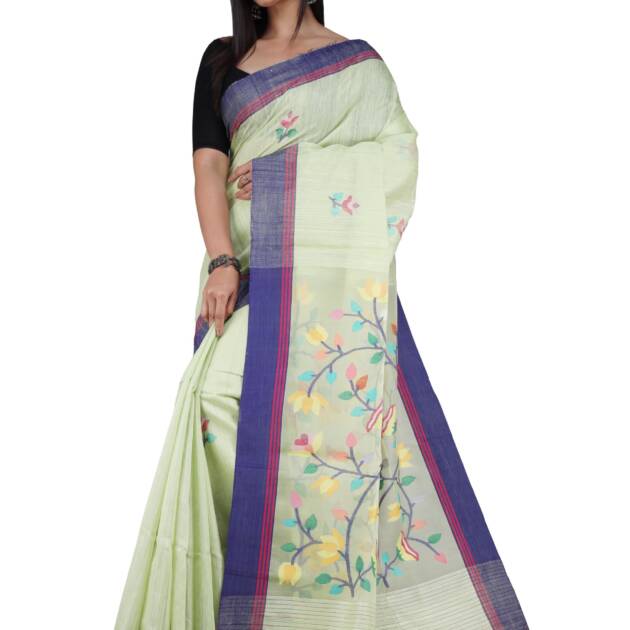 Ruprekha Fashion Women's Mint Green Colour Pure Matka Silk Jamdani Work Handloom Saree from Bengal